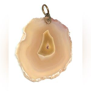 Light Orange Beige Agate Slice Natural Stone Pendant with Crystal Inclusions